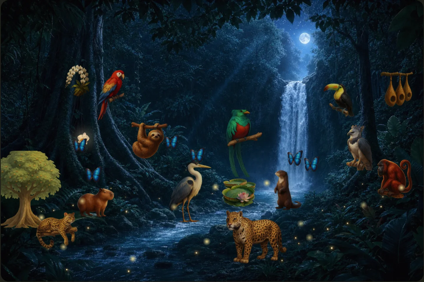 One year, at night: the moonlit forest, fireflies drifting over the river