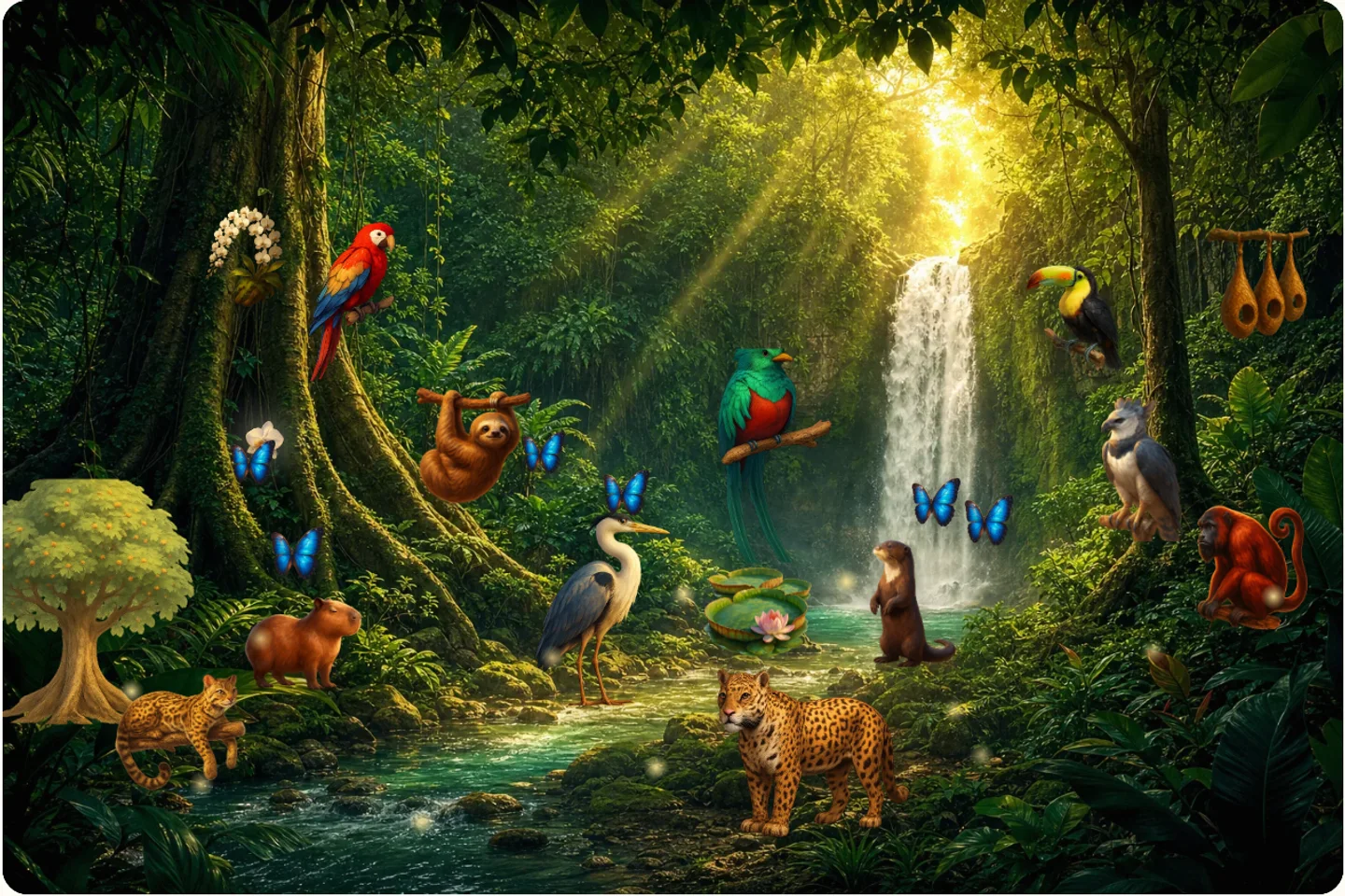The recovery rainforest at one year: a painted jungle with a waterfall, and every returned animal in its chosen home - a jaguar by the river, a quetzal at the falls, a sloth in the canopy